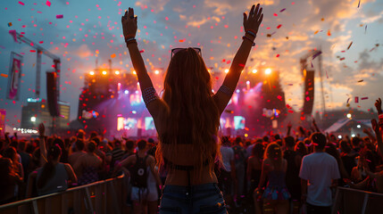 Back view of happy young woman with raised hands dancing at summer music festival. Dancing girl with raised hands at a music festival. Live, rock concert, party, festival night club crowd cheering