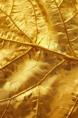 Obraz premium A leaf with gold veins and a shiny surface. The leaf is the main focus of the image, and it is a close-up of the leaf's texture and color