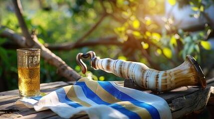 Fototapeta premium Glorious Shofar and Tallit on wooden table outdoors, Rosh Hashanah holiday attributes