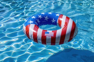 inflatable pool ring with the American flag design floating in blue water, representing summer fun and freedom for children during the US national holidays Generative AI