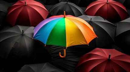 Rainbow  umbrella  in mass of black umbrellas. 3d illustration