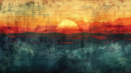 Abstract sunset painting with warm colors and textured brushstrokes.