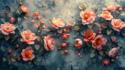 Pink And Red Flowers Blooming On A Branch In A Watercolor Painting