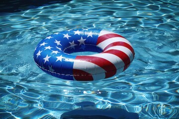 Naklejka premium an inflatable pool ring with the American flag design floating in blue water, symbolizing summer fun and family activities in the style of The us national vacation Generative AI