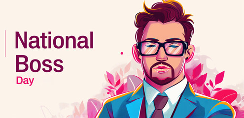 National Boss Day Celebration. Stylized illustration of a man with glasses and beard in a suit, surrounded by floral decorations and text. Corporate appreciation and leadership recognition background.