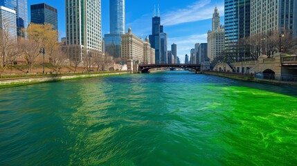 The Chicago River is dyed green, set against the backdrop of the city's skyline, celebrating Saint...