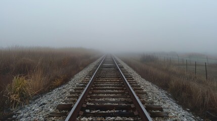 Fototapeta premium Train tracks disappear into the foggy horizon creating a sense of mystery and adventure.
