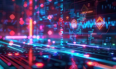 Obraz premium A futuristic, abstract background with geometric patterns and neon lines, illustrating cyber resilience with icons representing threat detection, incident response, and continuity planning
