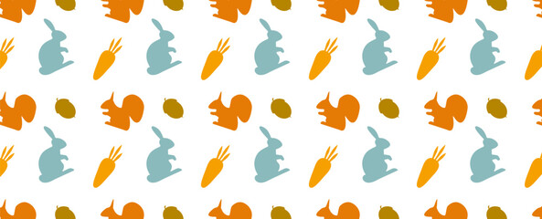 Seamless pattern with silhouettes of squirrel, hare, carrot and acorn on white background. Autumn pattern. For fabric design, packaging, cover. Vector illustration 