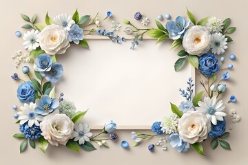 Elegant flowers white and blue, blank card frame, design