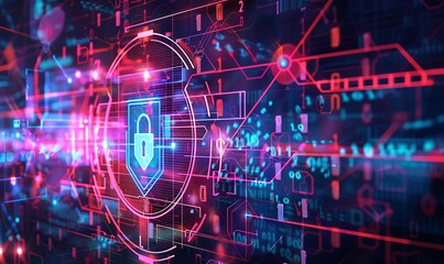 Fototapeta premium A futuristic, abstract background with geometric patterns and neon lines, illustrating cyber resilience with icons representing threat detection, incident response, and continuity planning