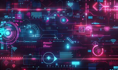 A futuristic, abstract background with geometric patterns and neon lines, illustrating cyber resilience with icons representing threat detection, incident response, and continuity planning