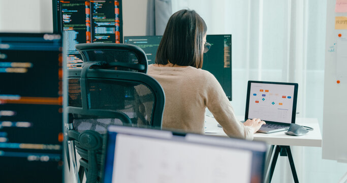 Young adult Asia female freelance eyeglasses typing write prompt AI bot IT app smart program nomad, video game, terminal with coding, user interface, designer, big data center on desktop computer.