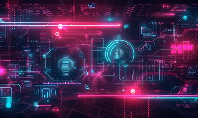 Obraz premium A futuristic, abstract background with geometric patterns and neon lines, illustrating cyber resilience with icons representing threat detection, incident response, and continuity planning