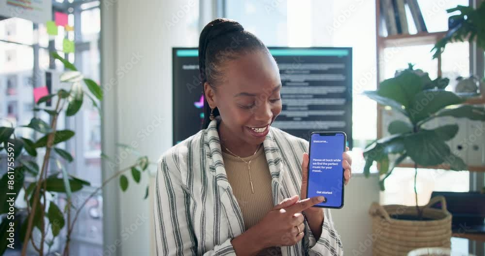 Aufkleber video call, meeting and black woman with phone in app for business proposal, idea and presentation. 