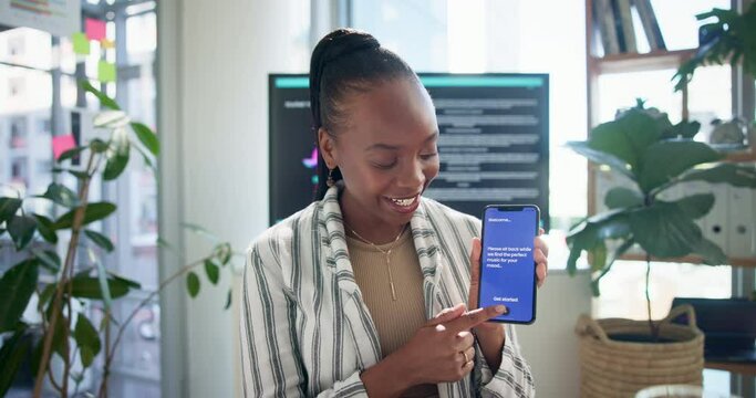 Video call, meeting and black woman with phone in app for business proposal, idea and presentation. Smartphone, screen and developer with virtual conference for software development, ux and pitch