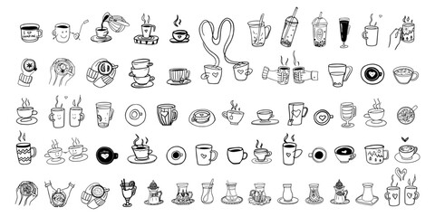 Large set of cups and mugs in doodle style. I love tea, tea time, coffee time, cup of coffee, mug of tea, travel mug, turkish tea cups. Mug in hand. Hand drawn. Vector illustration EPS10