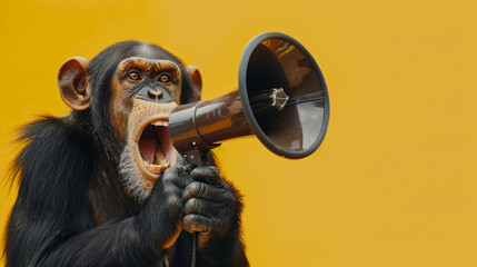 Fototapeta premium Whimsical Monkey with Megaphone - Energetic Monkey Shouting into Megaphone on Vivid Yellow Background