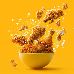 An epic stylized advertise photo of fried chicken from a bowl, set against a yellow background.