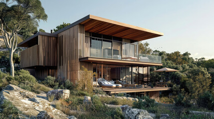 Obraz premium A luxurious wooden country house near Wilsons Promontory, South Australia, stands as a holiday retreat available for rent.