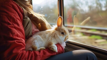 A fluffy bunny snuggles up in a lap munching on some veggies while their owner gazes out the window at the passing scenery.