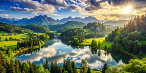 Aerial View of Serene Mountain Lake with Sunset and Reflection
