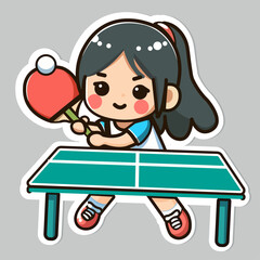 Sticker of cute Ping Pong player with Ping-pong table, tiny Sport girl holding red racket, Isolated on colored background, flat vector illustration.