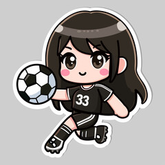 Sticker of cute soccer player, tiny sport girl shoot the ball, footballer running with ball, Isolated on colored background, flat vector illustration.
