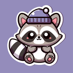 Sticker of cute Raccoon with hat on his head, tiny small wild animal, Isolated on colored background, flat vector illustration 