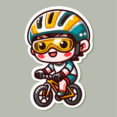 Obraz premium Sticker of cute bike riding player, tiny Sport man cycling, Isolated on colored background, flat vector illustration.