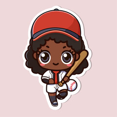 Sticker of cute Baseball player, tiny Sport black girl holding Baseball bat, Isolated on colored background, flat vector illustration.