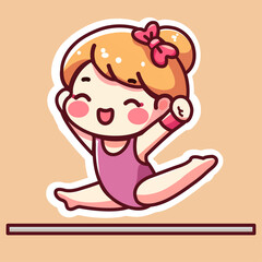 Sticker of cute Gymnastics girl, tiny Sport blond girl jump over the gymnastic board, Isolated on colored background, flat vector illustration.
