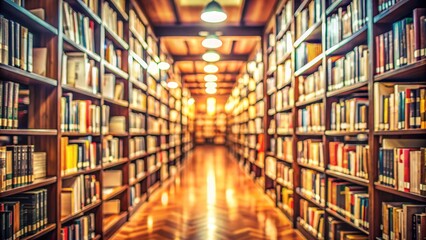 Fototapeta premium Blurred Bookshelf Perspective in a Library with Warm Lighting