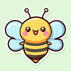Sticker of cute bee, tiny small wild insect, Isolated on colored background, flat vector illustration 