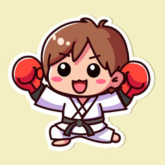 Sticker of cute boxing player wears red gloves, tiny Sport boxer celebrates victory, Isolated on colored background, flat vector illustration.