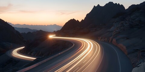 Vehicles with lights circling mountain road near ravines at dusk. Concept Automotive Photography, Mountainous Scenery, Twilight Captures, Dramatic Lighting, Dusk Exploration