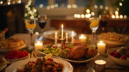A warmly lit dining table adorned with candles, wine glasses, and a variety of delightful dishes, indicating a holiday feast with family and friends.