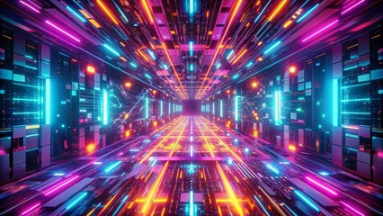 Obraz premium Neon Lights Tunnel, Digital Abstract Background, 3D Render, Futuristic, Sci-Fi