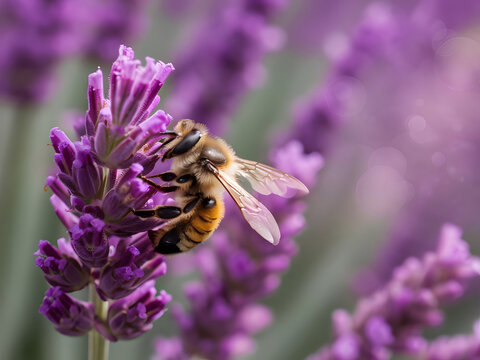 Flores de lavanda y abeja posando