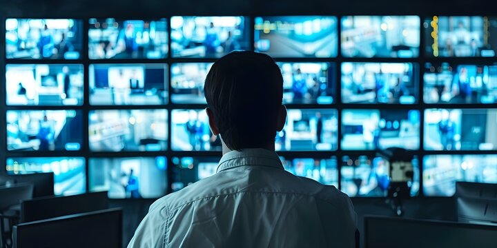 Monitoring Surveillance Screens for Enhanced Safety and Protection by Security Staff. Concept Surveillance Monitoring, Security Staff, Safety Enhancement, Protection, Surveillance Screens