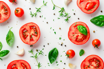 Top view of sliced tomatoes, basil leaves, garlic, and peppercorns on a white background, arranged as a fresh and vibrant food concept