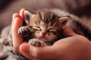 A sleeping kitten in human hands, looking peaceful and comfortable
