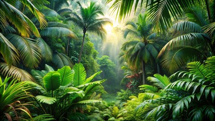 Obraz premium Sunlight Through Lush Tropical Rainforest Canopy