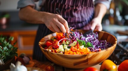 A person preparing a colorful salad in the kitchen. Healthy life style concept.