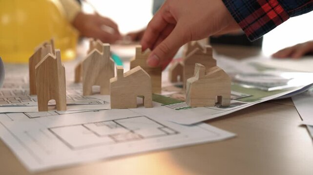 Architect and engineer discuss about building blueprint on table with architectural document, measurement tools scatter around at office, use wooden block for house positioning. Closeup. Delineation.