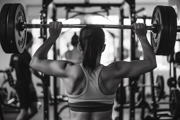 A woman lifting weights in a gym.