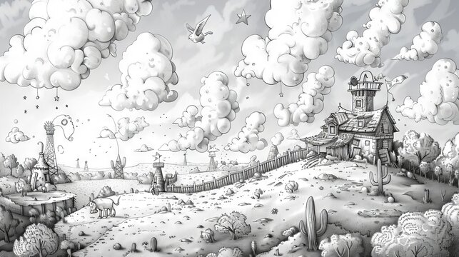 The image is a black and white drawing of a house on a hill. The house is surrounded by a few trees. The sky is cloudy and there is a tornado in the distance.
