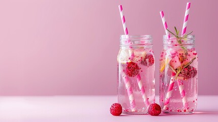 Refreshing Raspberry Lemonade in Mason Jars with Pink Straws