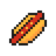 Fototapeta premium Pixel hot dog icon. Appetizing snack bun with sausage and ketchup with mustard for delicious food and game vector design