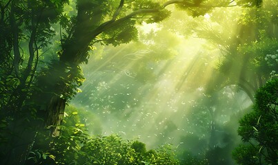 A magical forest scene with ethereal sunlight filtering through lush green trees and mist